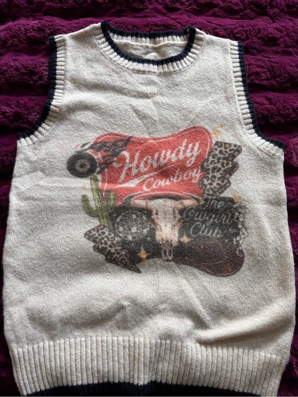 NWOT Howdy Cowboy Graphic Sweater Vest - Cream with navy Trim